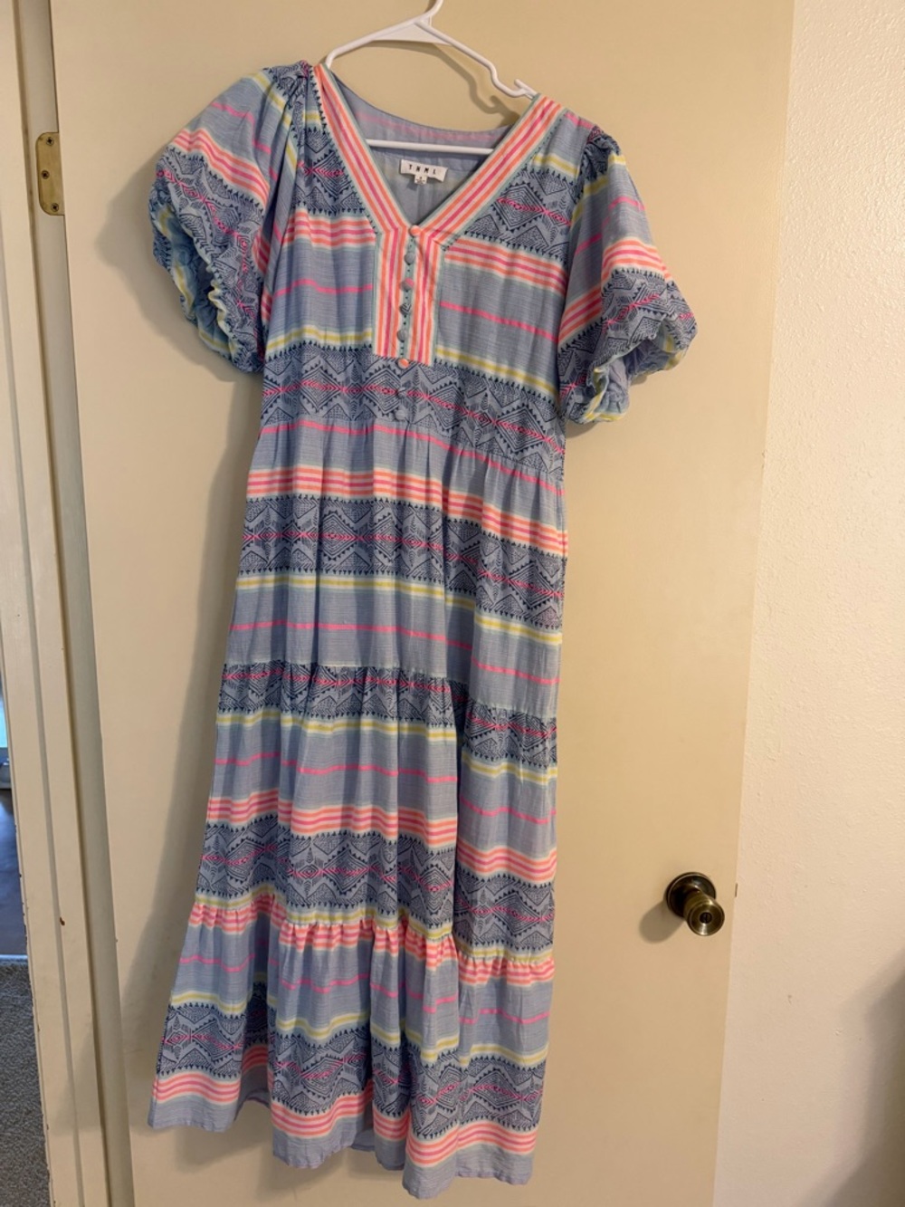 THML Light Blue Striped Maxi Dress with Pink & Yellow Accents